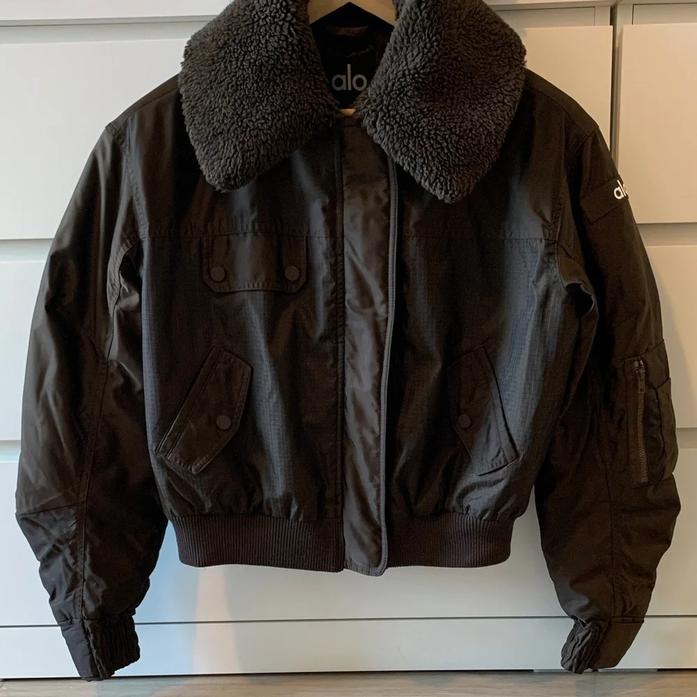 Price Firm Alo Espresso Brown Blaze Bomber Jacket with Sherpa Faux Fur Collar